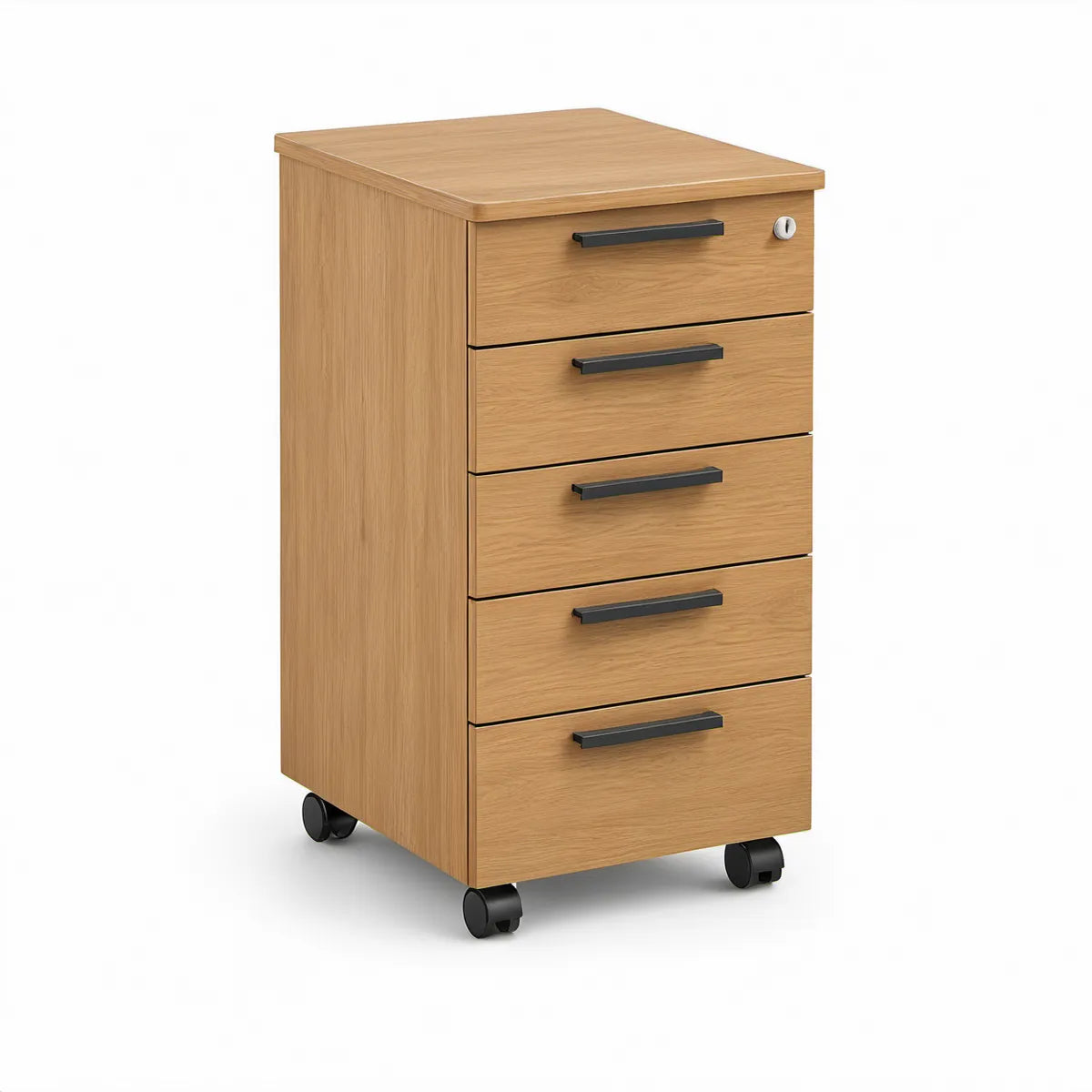 Büro-Rollcontainer mit 5 Schubladen, Schloss und Rollen, 40 x 50 x 65 cm, Eiche/Schwarz/Silber