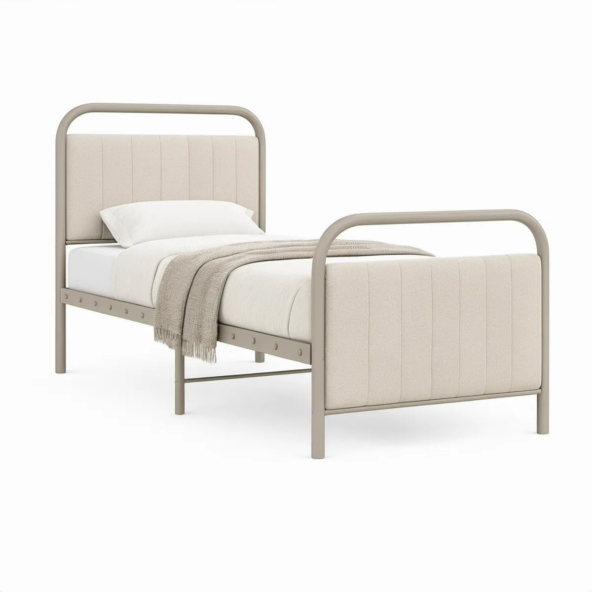 Einzelbett 90 x 200 cm mit gepolstertem Kopf- und Fussteil, Taupe/Beige