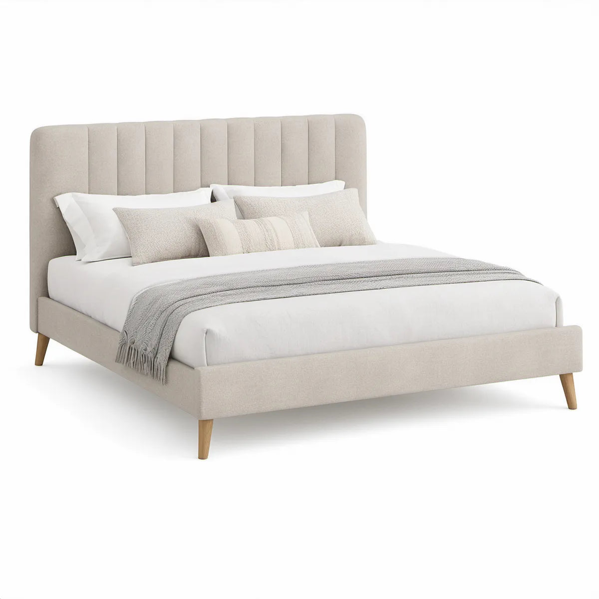 Gepolstertes Doppelbett 160 x 200 cm in Beige mit Naturholzfüssen