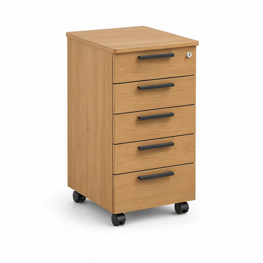 Büro-Rollcontainer mit 5 Schubladen, Schloss und Rollen, 40 x 50 x 65 cm, Eiche/Schwarz/Silber