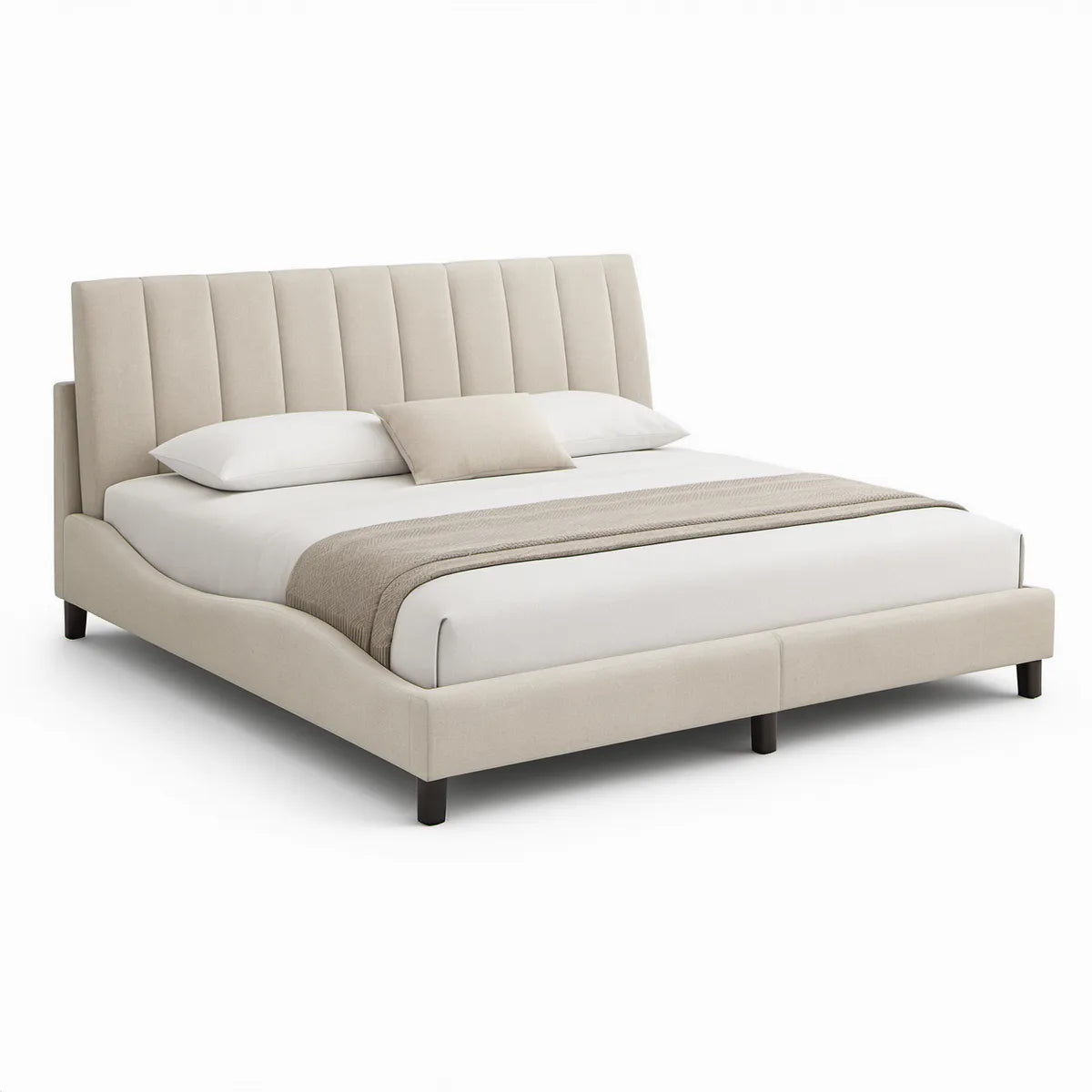 Polsterbett 180 x 200 cm mit hohem, vertikal gestepptem Kopfteil, Beige/Schwarz