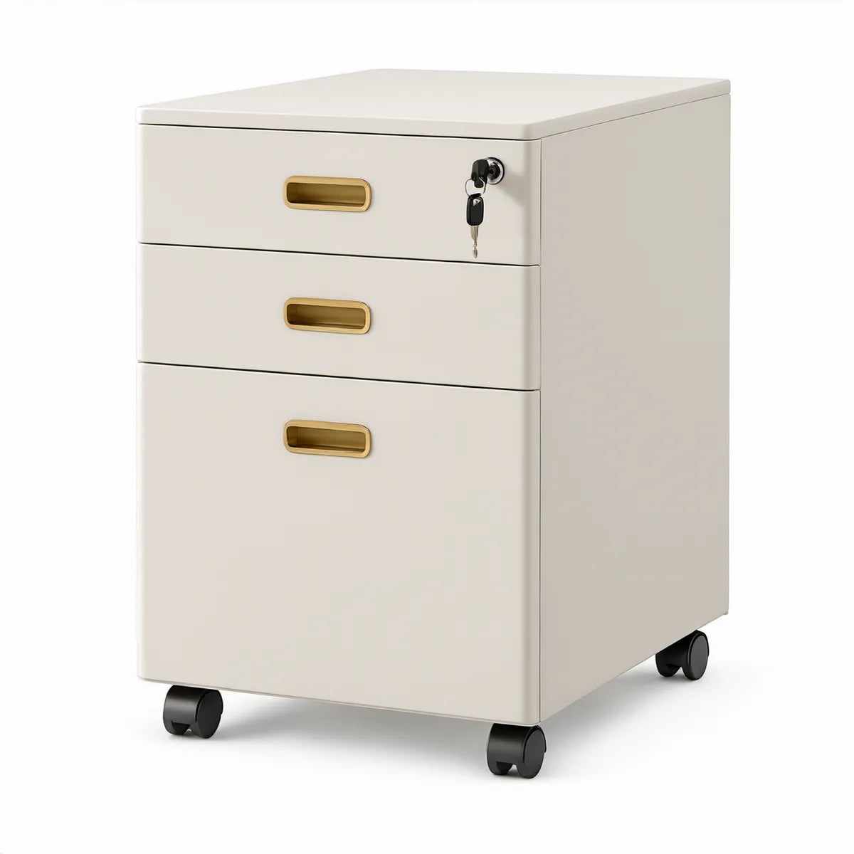 Abschliessbarer Stahl-Rollcontainer mit 3 Schubladen, 39 x 50 x 60 cm, Cremeweiss/Gold/Schwarz