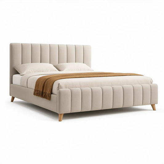 Gepolstertes Doppelbett 160 x 200 cm in Creme mit Naturholzfüssen