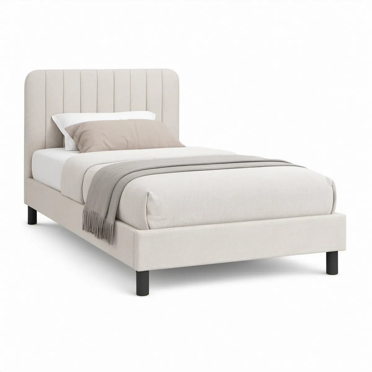 Gepolstertes Bettgestell 90 x 200 cm mit abgerundetem Kopfteil, Creme
