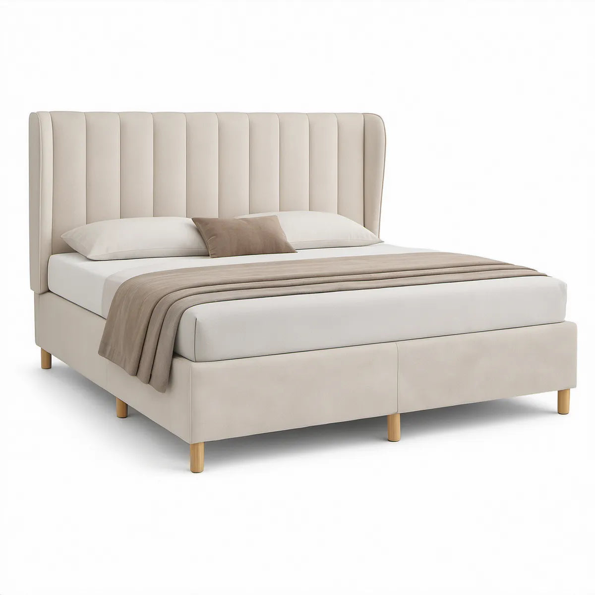Doppelbett 180 x 200 cm mit hohem, vertikal gestepptem Kopfteil aus PU-Kunstleder, Beige