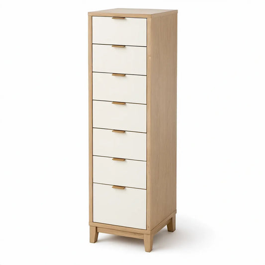 Schubladenschrank aus Bambus und MDF, Natur/Weiss, 40 x 30 x 120 cm, 7 Schubladen