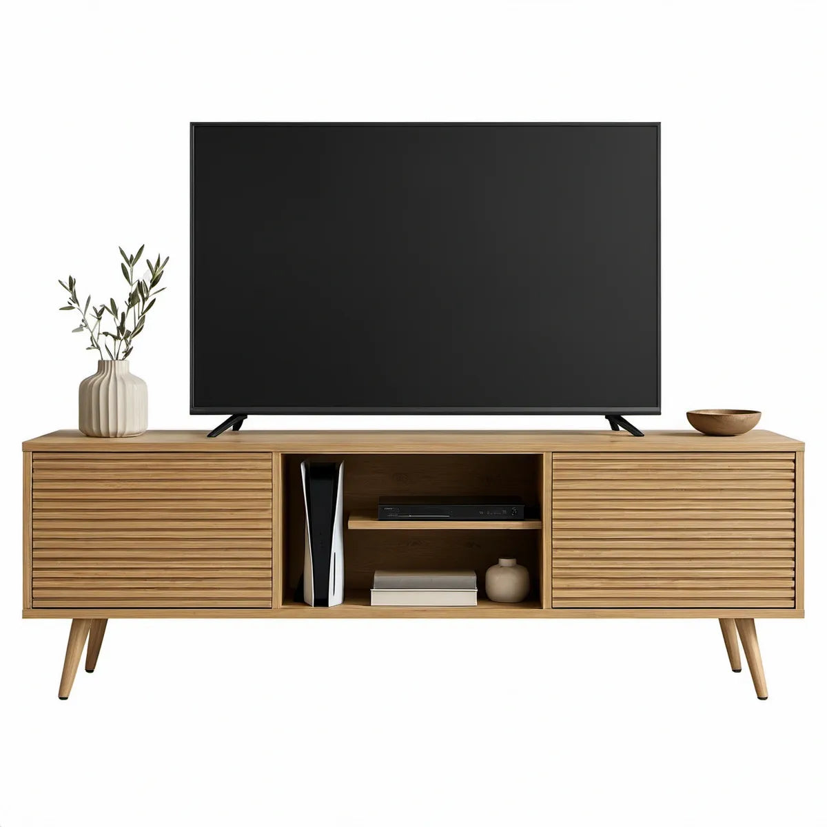 TV-Lowboard mit Lamellenschiebetüren, Eichenholzdekor Natur, 180 x 40 x 60 cm